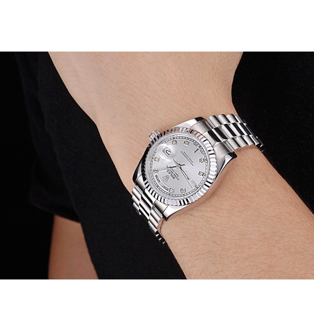 Aaa fake watches Dial Silver Polished Day-Date Stainless Rolex Steel 0719